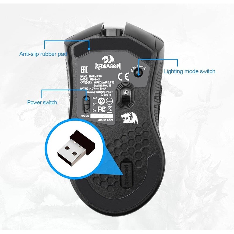Redragon Mouse inalambrico Gamer Ligero RGB Storm Pro conexión 2.4