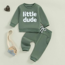 Toddler Baby Boy Clothes Set 2 Piece Letter Embroidery Long Sleeve Solid Color Sweatshirt Pullover Tops + Elastic Waist Pants With Pockets Fall Winter Outfit Casual Tracksuit (Green, 12-18 Months)