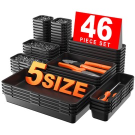 A-LUGEI【𝟰𝟲𝗣𝗖𝗦 & 5 Size】Tool Box Organizer Tray Divider Set, 【Black】 Desk Drawer Organizer, Garage Organization and Storage Toolbox Accessories Rolling Tool Chest Cart Cabinet WorkBench Small Part