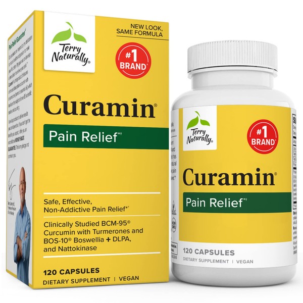 Terry Naturally Curamin - 120 Capsules - Non-Addictive Pain Relief Supplement with Curcumin from Turmeric, Boswellia, DLPA & Nattokinase - Non-GMO, Vegan, Gluten Free - 40 Servings