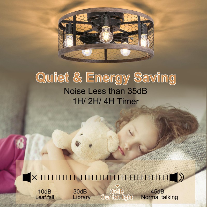 Ohniyou 20'' Flush Mount Caged Ceiling Fan with Lights Remote