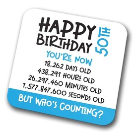 50th Birthday Coaster - Celebrate 50 Years in Seconds, Minutes, Hours, and Days. Novelty Drink Coasters for Tea and Coffee for Christmas and Birthdays (Modern) (Blue, 50 Years Old)