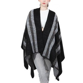 PAMEILA Women's Travel Plaid Shawl Wraps Open Front Poncho Cape Warm Oversized Sweaters Casual Cardigan Shawls for Fall Winter,Series 04-Stripe black