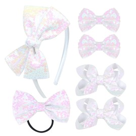 Sequin Grosgrain Bow Hair Accessories Gift Set – 6-Piece Sparkling Hair Bows, Clips, Headband & Hair Tie for Little Girls and Toddlers （White)