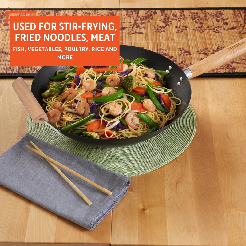 Imusa 14in Carbon Steel Nonstick Wok with Wood Handles, Black