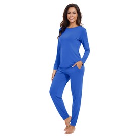 WiWi Viscose from Bamboo Women's Long Sleeve Pajama Sets Sleepwear with Jogger Pajamas Pants Soft Lounge Set S-XXL, Bright Blue, Small
