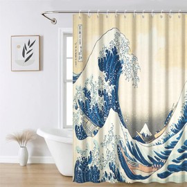 Heevnttiy 72x72 Inch Japanese Anime Shower Curtain for Bathroom The Great Wave of Kanagawa Modern Blue Ink Painting Bathroom Set Decorations Watercolor Waterproof Polyester Fabric with Hooks