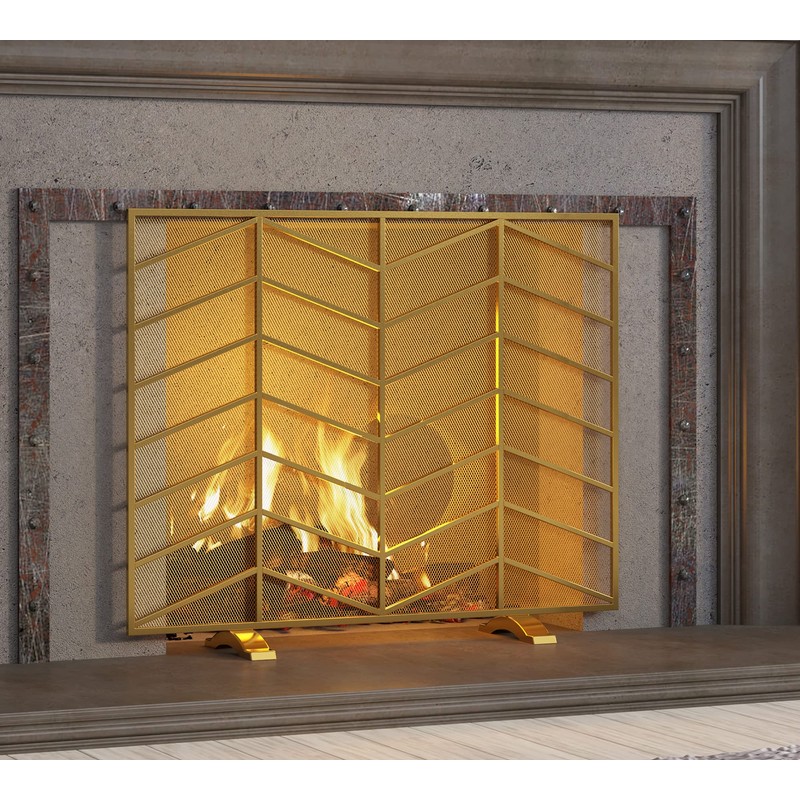 Fire Beauty Single Panel Handcrafted Wrought Iron Mesh Chevron Fireplace