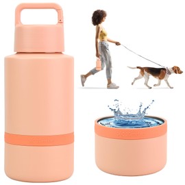 KEWIXY Insulated Dog Water Bottle with Travel Bowl, Dog Lover Gift, Portable Water Bottle Dispenser, Accessories for Car, Hiking, Camping, Outdoor, Leak-Proof, Detachable (Coral Sunset)
