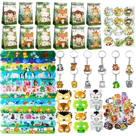 98pcs Safari Favor Set, Jungle Animals Keychain Snap Bracelet Stickers Gift Bags Masks, Jungle Party Accessories, Children Animals Birthday Favors