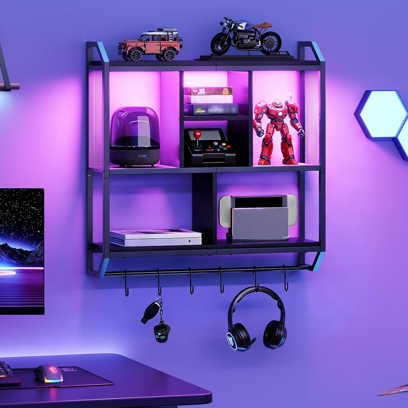 HOOBRO Gaming Floating Shelves with LED Lights, 28.7" LED Wall
