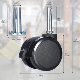 2" Grip Neck Stem Caster Swivel Caster Wheels Nylon Twin Wheel with Brake for Furniture caster Sofa Chair Cabinet Replacement with Mounting Stem Sleeve Socket Insert sets of 5