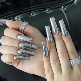 MISUD Press on Nails Long Square Fake Nails Glossy Glue on Nails Silver Chrome Acrylic Nail Supplies Squoval Artificial Nail Art Bling Metallic Stick on False Nails with Design DIY 24 pcs