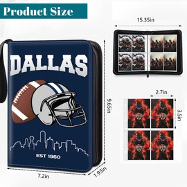 Football Card Binder, Dallas Trading Card Holder Protectors, 4 Pocket Fits 400 Cards with 50 Removable Sleevesves Card Storage Album Folder Case Collector