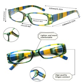 5 Pack Spring Hinge Reading Glasses Rectangular Fashion Quality Readers for Men and Women (Mix Colors, 6.00, x)