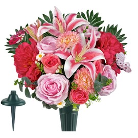 Naramiji Long-Lasting Colorfast Cemetery Flowers with Grave Vase -Pink Roses for Headstone Decorations, Sympathy & Memorial Tributes