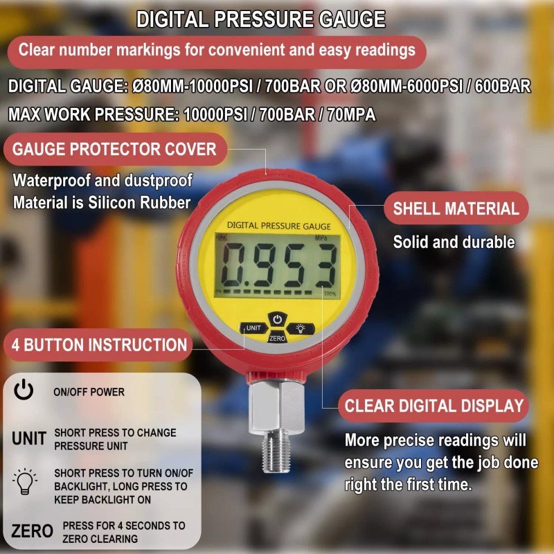 Unbranded Digital Hydraulic Pressure Gauge 10000 PSI/700BAR with 1/4-Inch NPT