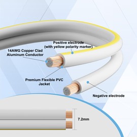 14AWG Speaker Wire 100 FT, 14/2 Gauge Audio Speaker Wire, for Car Speakers Stereo, Home Theater, Automotive Wire, White Jacket with Yellow Polarity Marker, CCA, 2 Conductors Electrical Wire