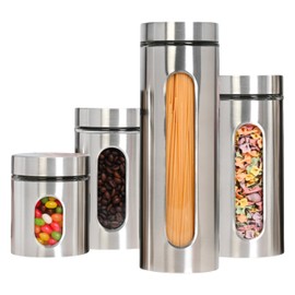 JS Gourmet 4 Pcs Stainless Steel Canisters Set for Kitchen with Glass Window and Airtight Lid, Perfect for Storing Coffee, Spaghetti, Sugar, Beans and Dry Ingredients (Silver)