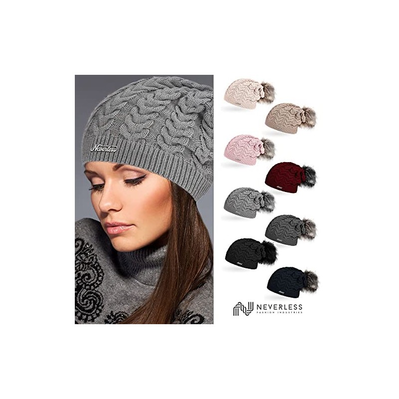 Neverless Beanie Cool Women's Knitted Lined Fur Pom Pom Winter