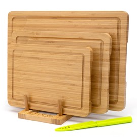 Bamboo Cutting Board For Kitchen, Bamboo Cutting Board Set of 3 with Juice Groove, Double-Sided Chopping Board Serving Board for Meat, Vegetables and Cheese