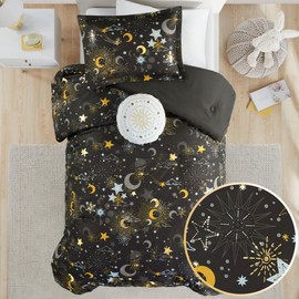 Mi Zone Kids Full Comforter Set, Celestial Metallic Comforter Set Starry Sky, Moon & Sun Comforter, All Seasons Lightweight & Fluffy Comforter Bed Set, 2 Shams, Celia, Full/Queen Charcoal/Gold 4 Piece