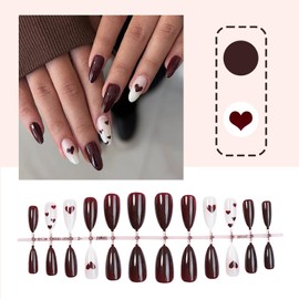24PCS Red Stick on Nails, Press on Nails Almond with Glue, Long Lasting Winter Autumn False Nails with Heart Design in Dark Red & White, Full Cover Fake Nail Set for Women, DIY Manicure Nail Art