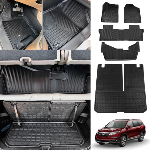 Thinzyou Floor Mats Compatible with 2016-2022 Honda Pilot Trunk Mat Cargo Liner TPE All Weather Back Seat Cover Protector 2022 Pilot 8 Seat Accessories (Trunk Mat with Backrest Mats+Floor Mats)