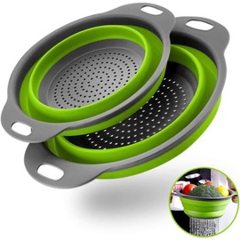 Collapsible Colander Set of 2 Round Silicone Kitchen Sink Strainer Set and Fruit Basket- 1 large 1 small Perfect for Draining Pasta, Vegetable and Fruit - Home Essentials (Green)