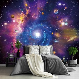 Fightal - Kids Planet murals Galaxy Backdrop Solar System Starry Night Sky Ceiling Home Theater Universe for Living Room Bedroom Wallpaper 195"x120" (It's not Peel and Stick)