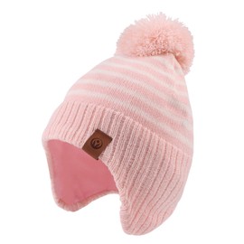 Zsedrut Kids Winter Knitted Hat Scarf Earflap Pompom Beanie Cap for Girls Boys Thick Warm Toddler Hats (Pink Stripe Hat, 2-4Y)