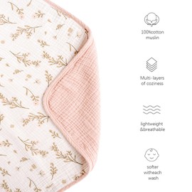 Konssy Muslin Baby Blankets for Girls, 100% Cotton Crib Blanket for Baby Infant Toddler, Super Soft and Lightweight Nursery Blankets 40"x36" (Pink Floral)