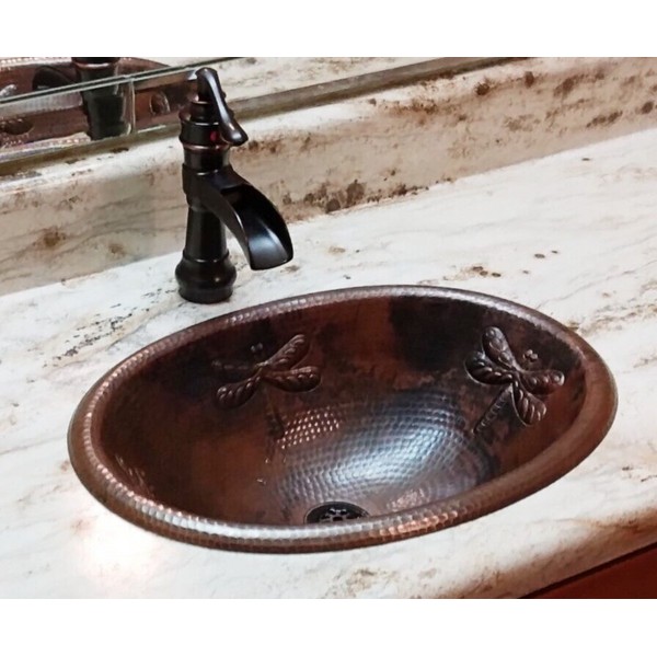 19" Oval Copper Drop In Bath Sink with DRAGONFLY Design in Rio Grande Patina