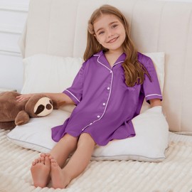 QPANCY Girls Satin Nightgowns Princess Silk Pajamas Sleepwear Purple Short Sleeve Night Dresses Size 6 7