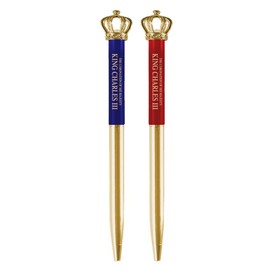 2X King Charles III Coronation Crown Ballpoint Pens Commemorative Memorabilia Souvenirs Black Ballpen Gift Set (By LILAJ)