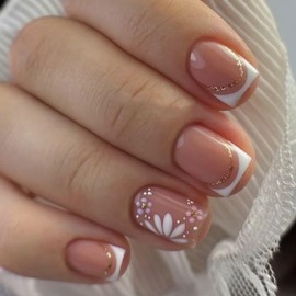 Square Press on Nails Short Fake Nails White False Nails with Flowers Designs Artificial Nails Floral Stick on Nails for Women 24pcs