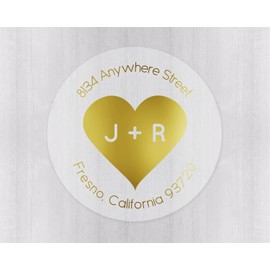 Wedding Return Address Stickers, Gold Foil on Clear Transparent Return Address Labels, Circle with Heart Envelope Seals (#149-CF)