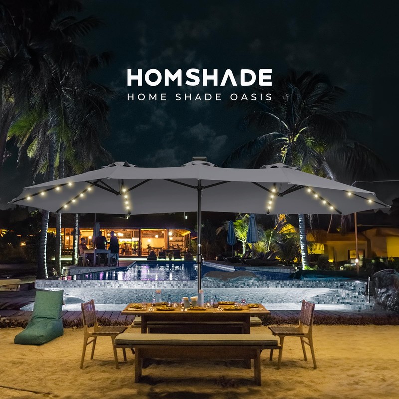 HOMSHADE Double Sided Patio Umbrellas - 15ft Solar Lights LED