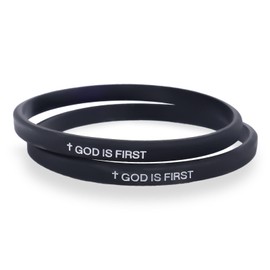 Mikovivi 2pcs God Is First Bracelet, Silicone Bible Verse Bracelets Inspirational Put God First Wristbands Christian Wristbands for Women Men Encouragement Religious Faith Gift (Black-Black)