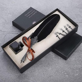 Quill Dip Pen European Retro Quill Gift Box Set Alloy Writing Calligraphy Pens Set with Pen Nibs Gift Box Quill Set with Ink Bottle, Friends, Teachers(Black)