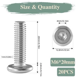 GOHODOMINO M6 x 20mm 20Pcs Flat Head Hex Socket Cap Screws Bolts, Stainless Steel 304 (18-8), Full Thread