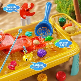JUKUDAHU Water Table Toy for Kids 2 3 4 5 6 Years Old - Outdoor Kitchen Toys Set with Electrical Faucet, Toddler Fishing Games, Summer Beach Sensory Water Play Table, Gifts for Boy Girl 2+ 3-5(Yellow)