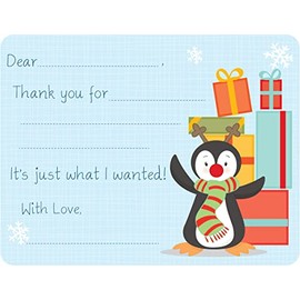 Script and Scribble Red Nose Penguin Fill-in Thank You Note Cards for Kids, 5.5" X 4.25" Notecards with White Envelopes