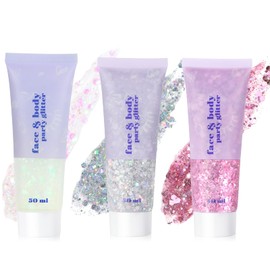 URAQT Body Glitter Gel, Pack of 3 Sequins Chunky Glitter Liquid Kit, 50 ml Long-Lasting Glitter Gel for Face Body Hair, Glitter Festival Accessories for Festival Party Makeup (Silver + Pink + White)