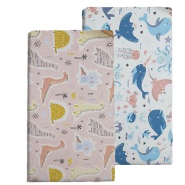 Baby Cot Bed Fitted Sheets 140 x 70 100% Cotton - Hypoallergenic Toddler Bed Sheet Fully Elasticated Skirt Breathable Easy Care - Junior Bed sheets Pack of 2 (Pink dinosaur+Seaworld)