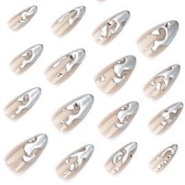 Press on Almond Nails Medium Length Acrylic Glossy Full Cover Pointed Almond French False Nails with Designs Artificial Almond Fake Nails with Charms Glue Stick ons Fingernails for Women(JP3427)