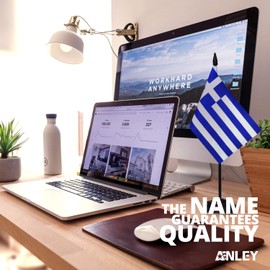 ANLEY Greece Deluxe Desk Flag Set - 6 x 4 Inch Miniature Greek Desktop Flag with 12" Solid Pole - Vivid Color and Fade Resistant - Black Base and Spear Top
