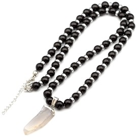 ElisaJewelryArt - Unique Natural Grey Agate Quartz Pendant Necklace Black Onyx Beads Necklace Genuine Gemstone Comfort Stone Clasp Closure Necklace Unisex Necklace (22, Grey Agate)
