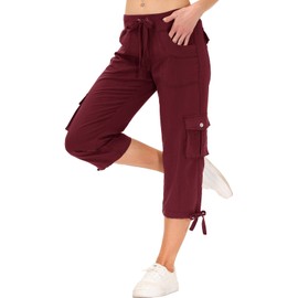 MoFiz Womens Capris with Pockets Loose Fit Casual Capri Pants Dressy Lightweight Ladies Baggy Cargo Pants for Hiking Burgundy Red