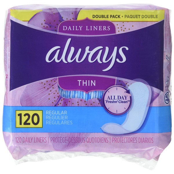 Always Thin Daily Liners Regular Wrapped, Unscented, 120 Count